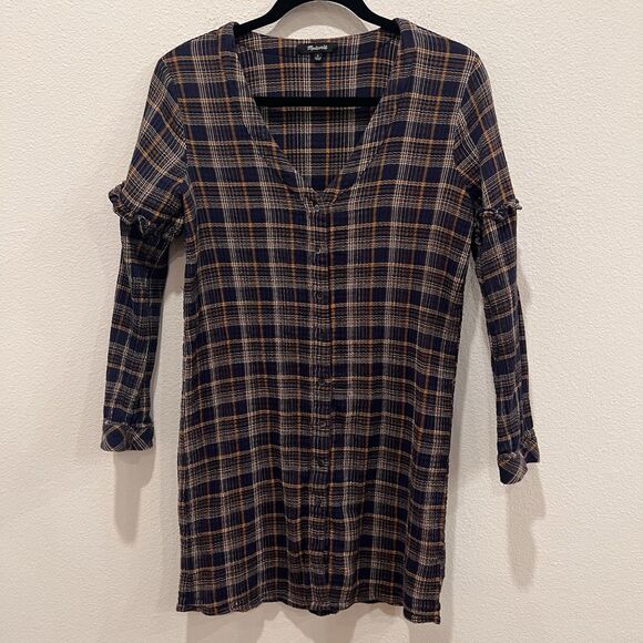 Madewell Plaid Ruffle Sleeve Button Down Shirtdress Size Small Preppy Cottage - Picture 3 of 9